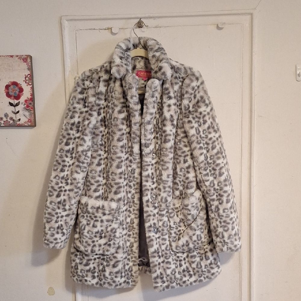 Catherine Malandrino Gray Leopard Print Faux Fur Coat